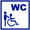 Bild: Blauer Rollstuhl auf weißem Grund / stehende Person / mit Aufschrift WC
